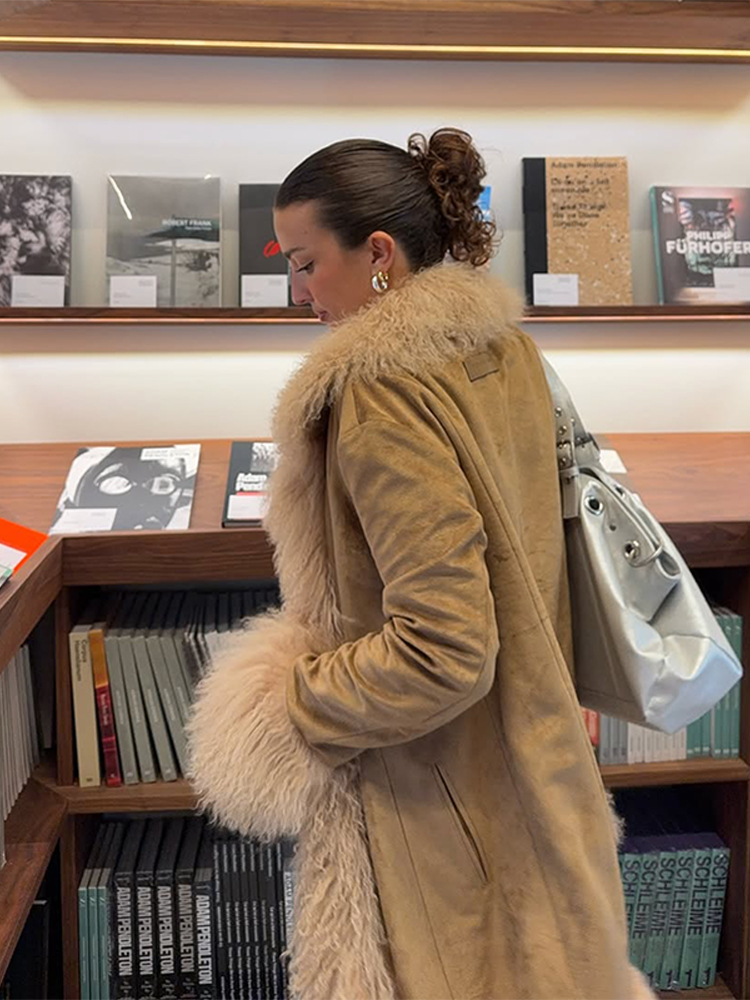 Manteau Long vert Olive pour femme, col flou et manchette, grand col à revers, Double boutonnage, vêtements d'extérieur quotidiens décontractés, hiver 2025