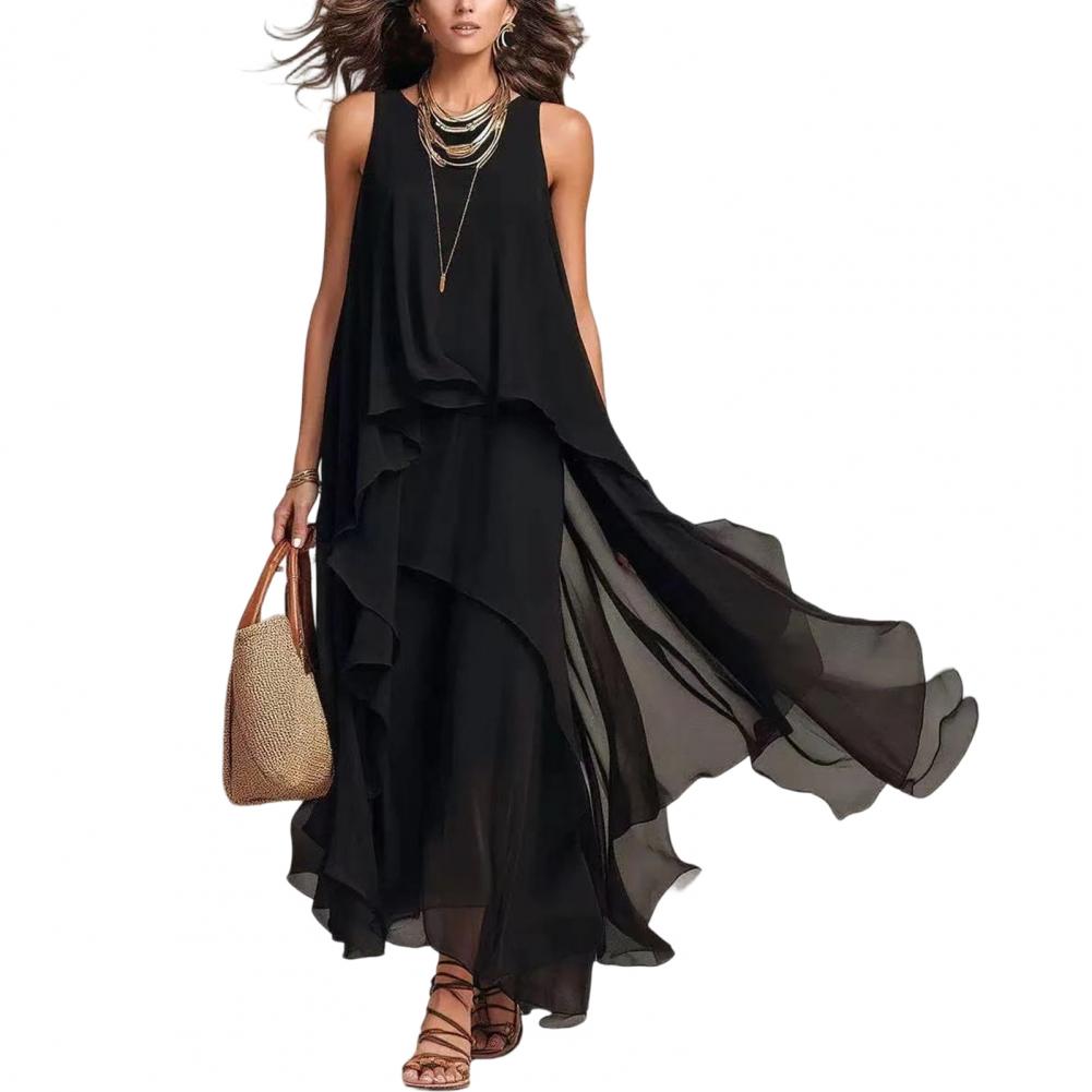 Robe élégante en mousseline pour femme, coupe ample, sans manches, col rond, ourlet asymétrique, idéale pour l'été