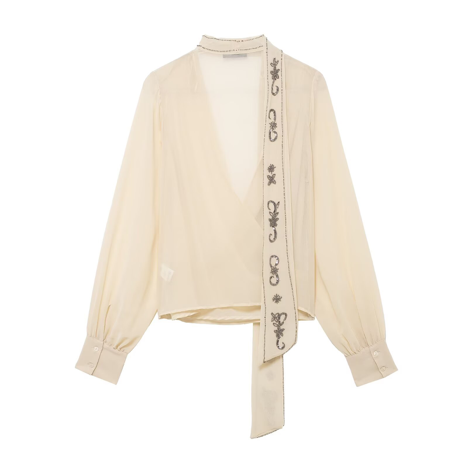 Vêtements d'hiver pour femmes, écharpe perlée, décoration, col en v, chemise translucide à Double boutonnage, nouvelle collection 2025