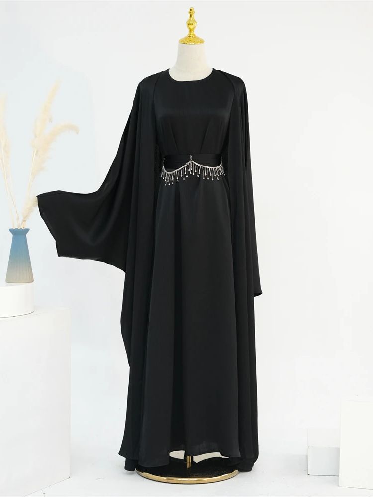 Ramadan Satin 2 pièces Abaya dubaï ensemble de luxe avec chaîne vêtements de prière musulmane femmes robes Caftan Marocain Robe Femme Musulmane