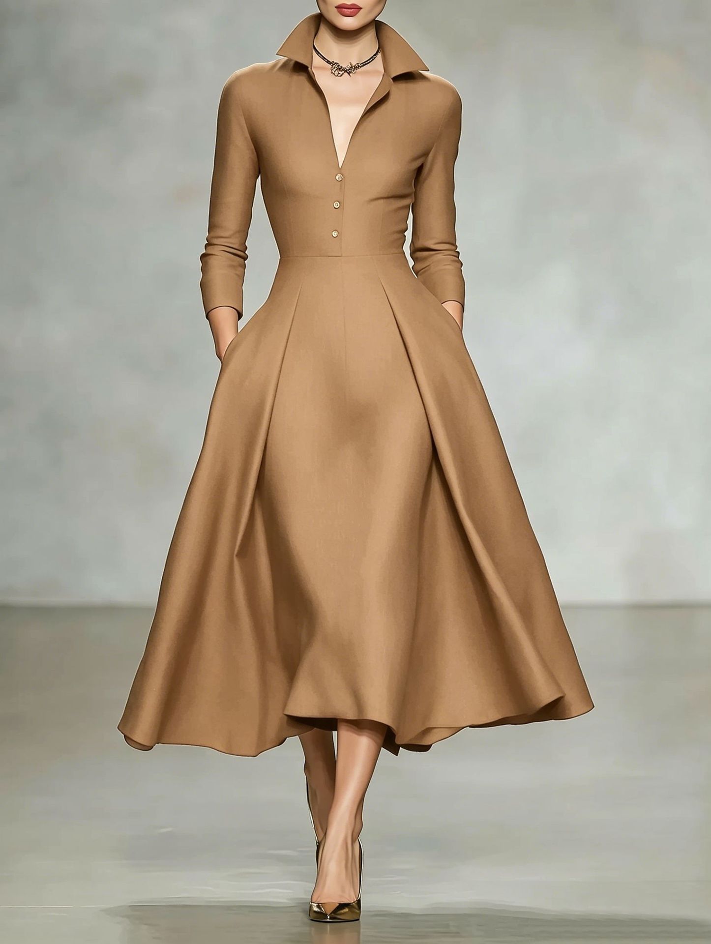Robe midi élégante pour femmes, automne-hiver 2026, col en V, manches longues, taille cintrée, robe de bureau tendance
