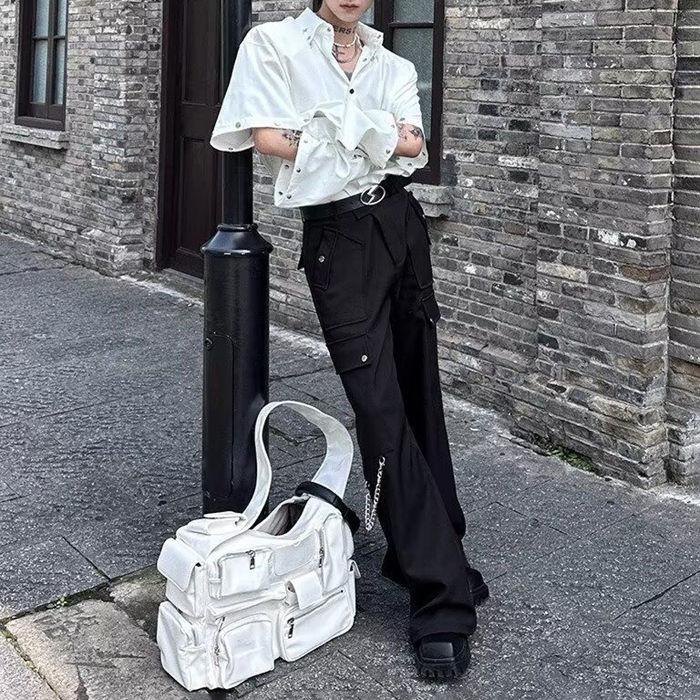 Printemps et été hommes couleur unie couture chemise à manches longues rétro mode tendance haute rue ample décontracté Niche hommes hauts