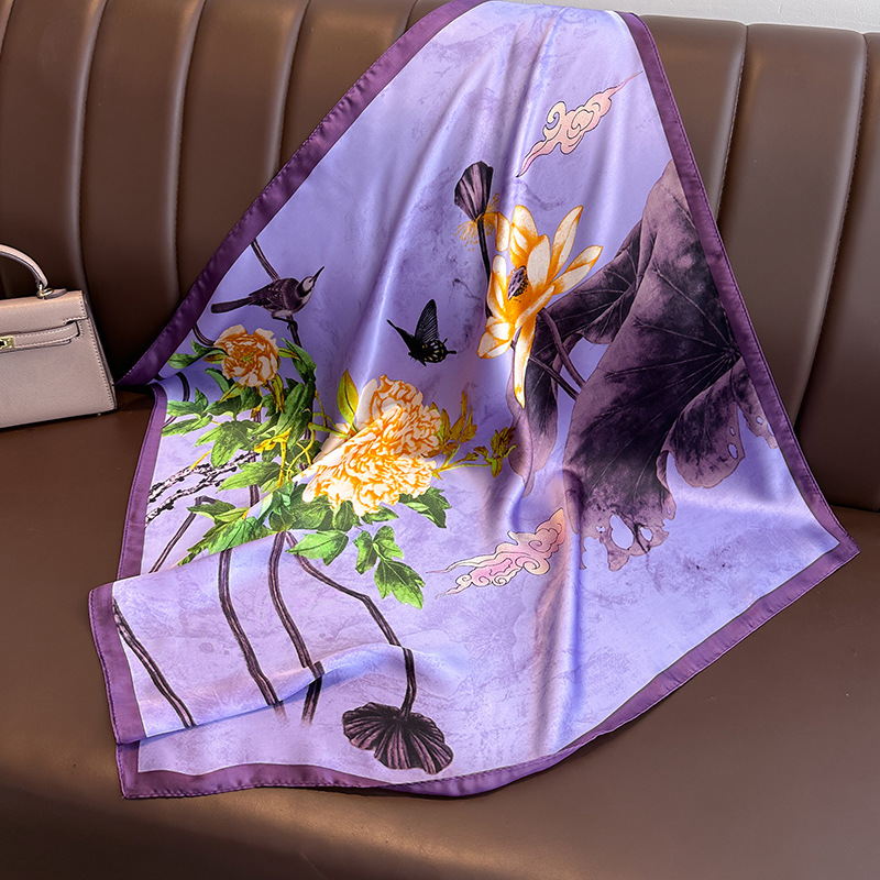 Foulard imprimé floral violet pour hommes et femmes, écharpes carrées, hijab féminin, satin doux, écharpes de la présidence, décoration décontractée, cravates de cou pour dames, 70cm