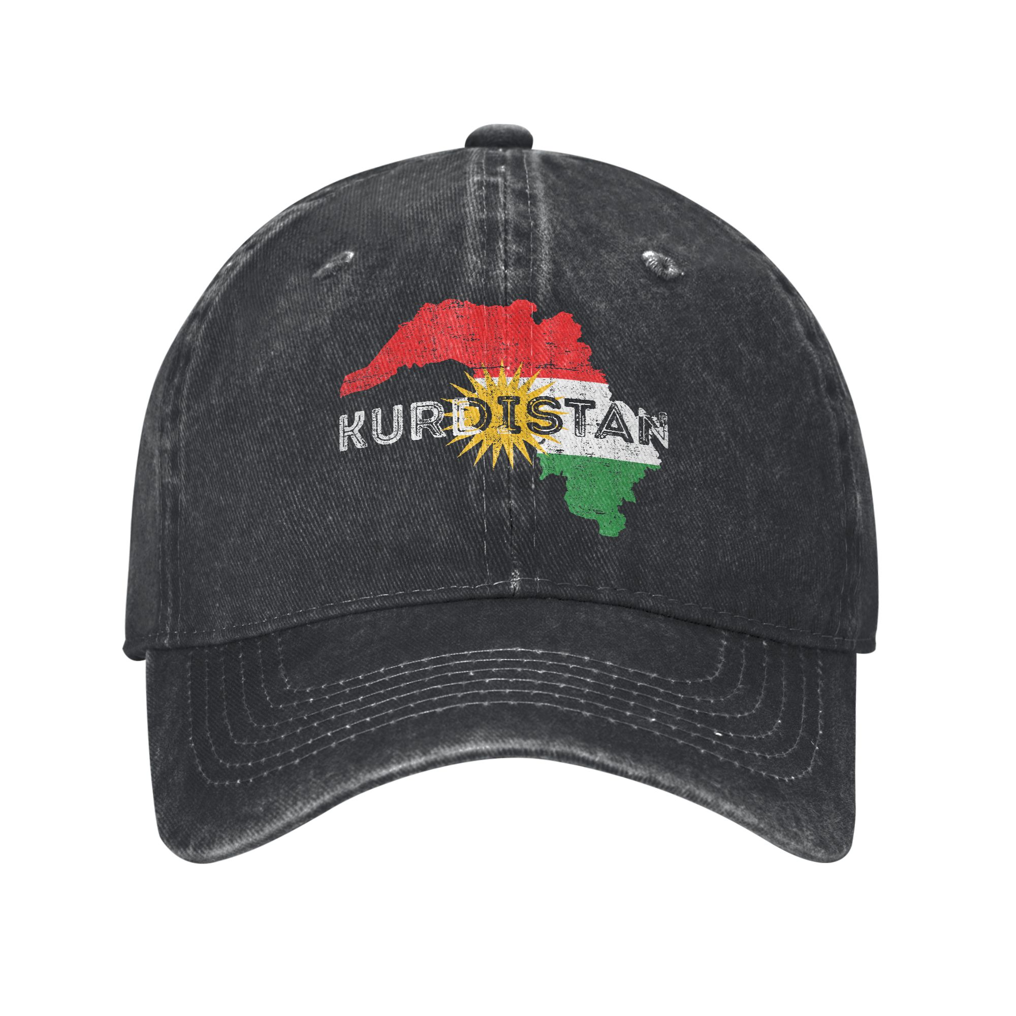 Casquettes de baseball unisexe en jean vieilli avec drapeau du Kurdistan et carte du Kurdistan, style vintage, pour activités de plein air, réglables