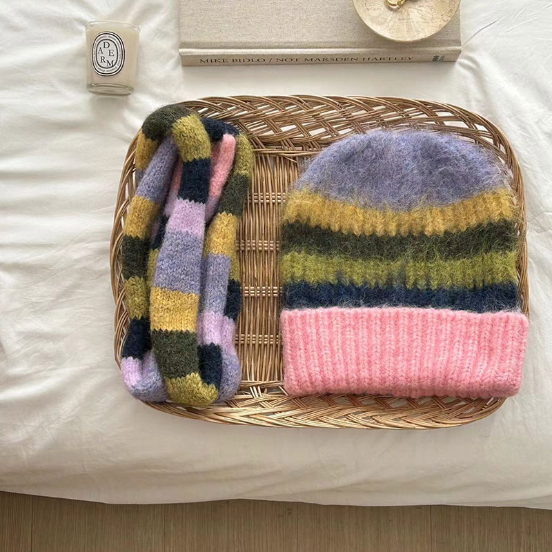Ensemble de bonnets et écharpe arc-en-ciel rayés pour femmes et hommes, chapeaux Skullis chauds, casquettes Carf résistantes au froid, unisexe, extérieur, hiver, 2 pièces