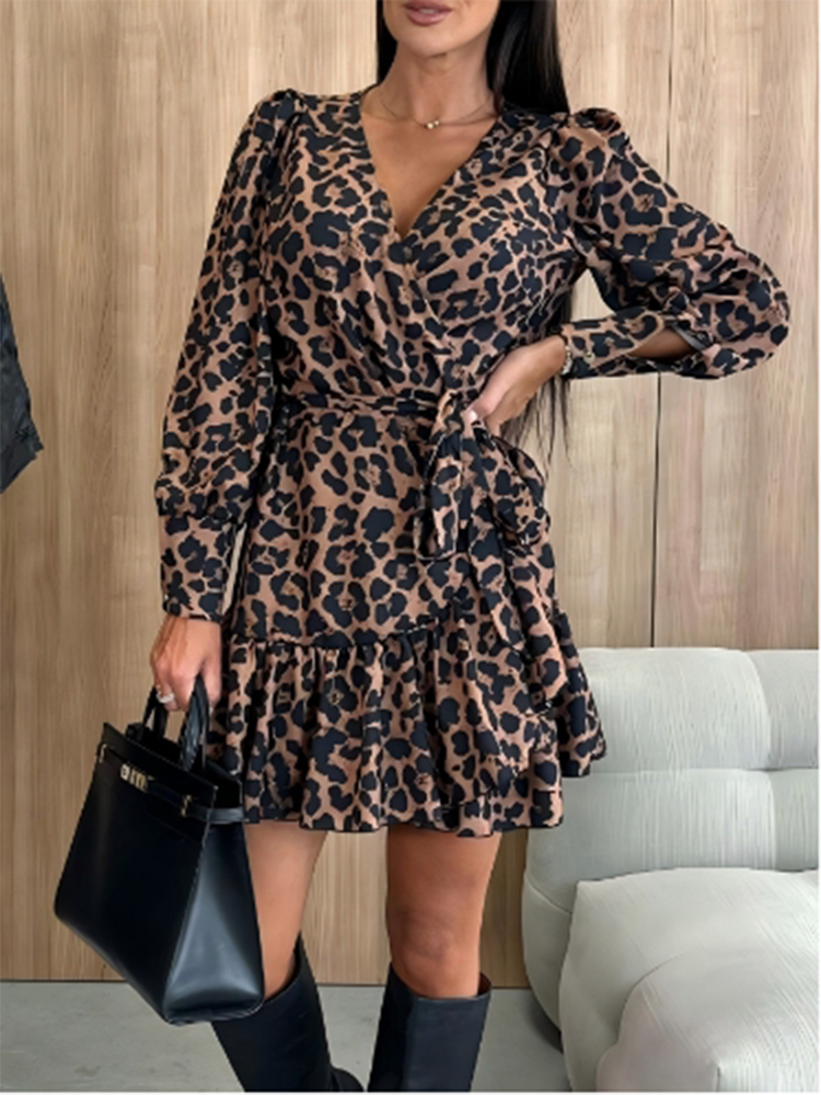 Robes imprimées léopard pour femmes, col en v, à lacets, manches longues, Sexy, élégante, pour rencontres, Mini robe d'automne