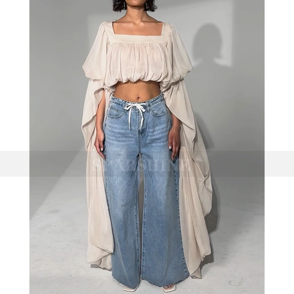 T-shirt élégant pour femmes, chemise ample à col carré et manches longues, tenue de mode féminine, streetwear, vêtements de soirée