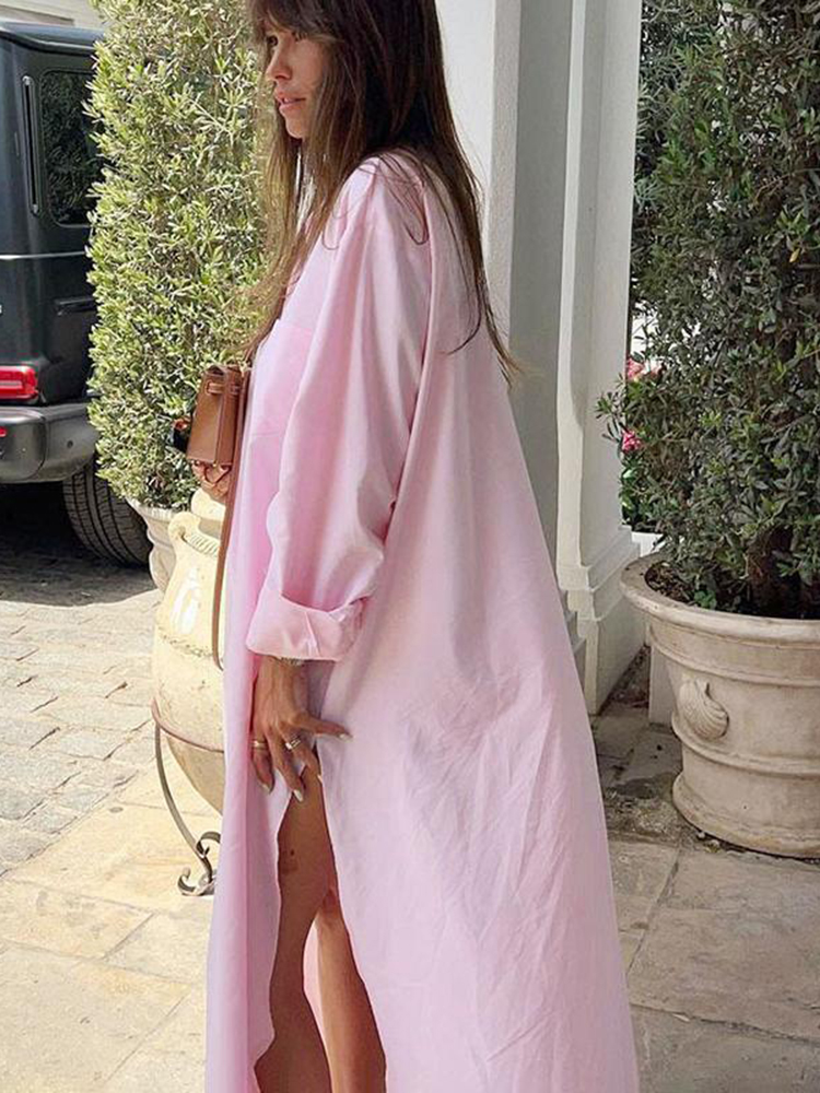 Robe chemise élégante à manches longues pour femmes, simple boutonnage, revers, coupe ample, décontractée, fente Maxi, Style français, Boho Chic, été