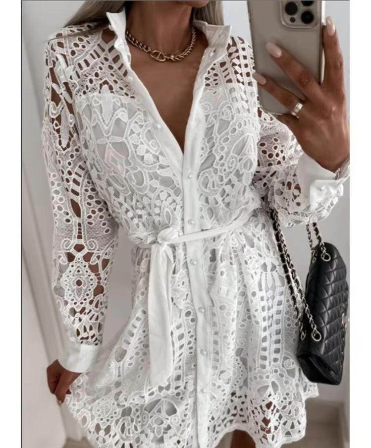 Robe chemise en dentelle évidée pour femme, mini robe élégante, bouton à lacets, dame de bureau, sexy, femme, printemps, automne