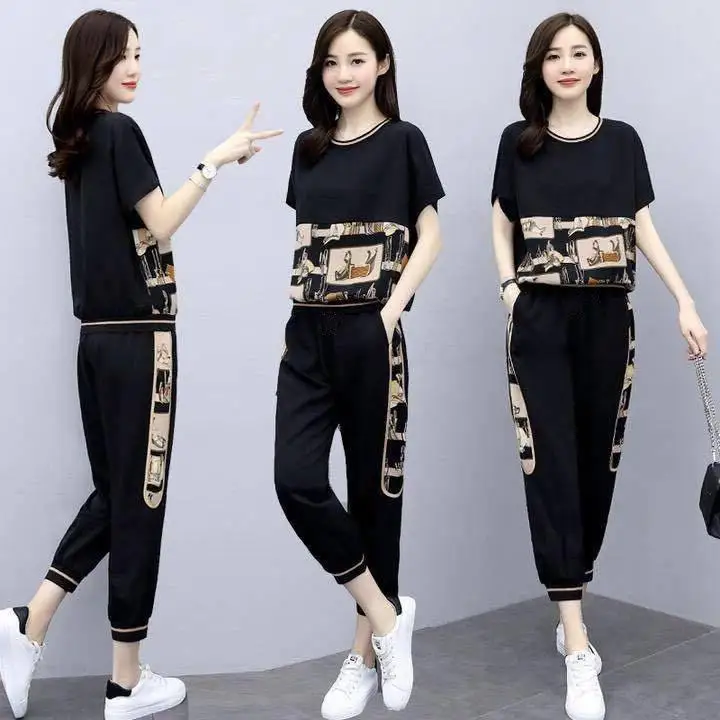 Ensemble de vêtements de sport tendance pour femmes, taille plus, été, nouveau, ample, amincissant, décontracté, manches courtes, ensemble deux pièces, style élégant