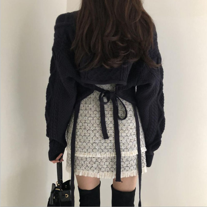 Pull en tricot décontracté japonais pour femmes, version coréenne, automne et hiver, nouveau style rétro, motif chanvre, col en V à nouer dans le dos.