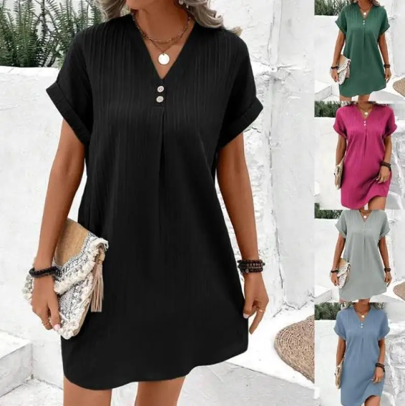 Robe t-shirt à manches courtes et col en V pour femmes, robe d'été monochrome, vêtements de plage baggy, mode pour femmes