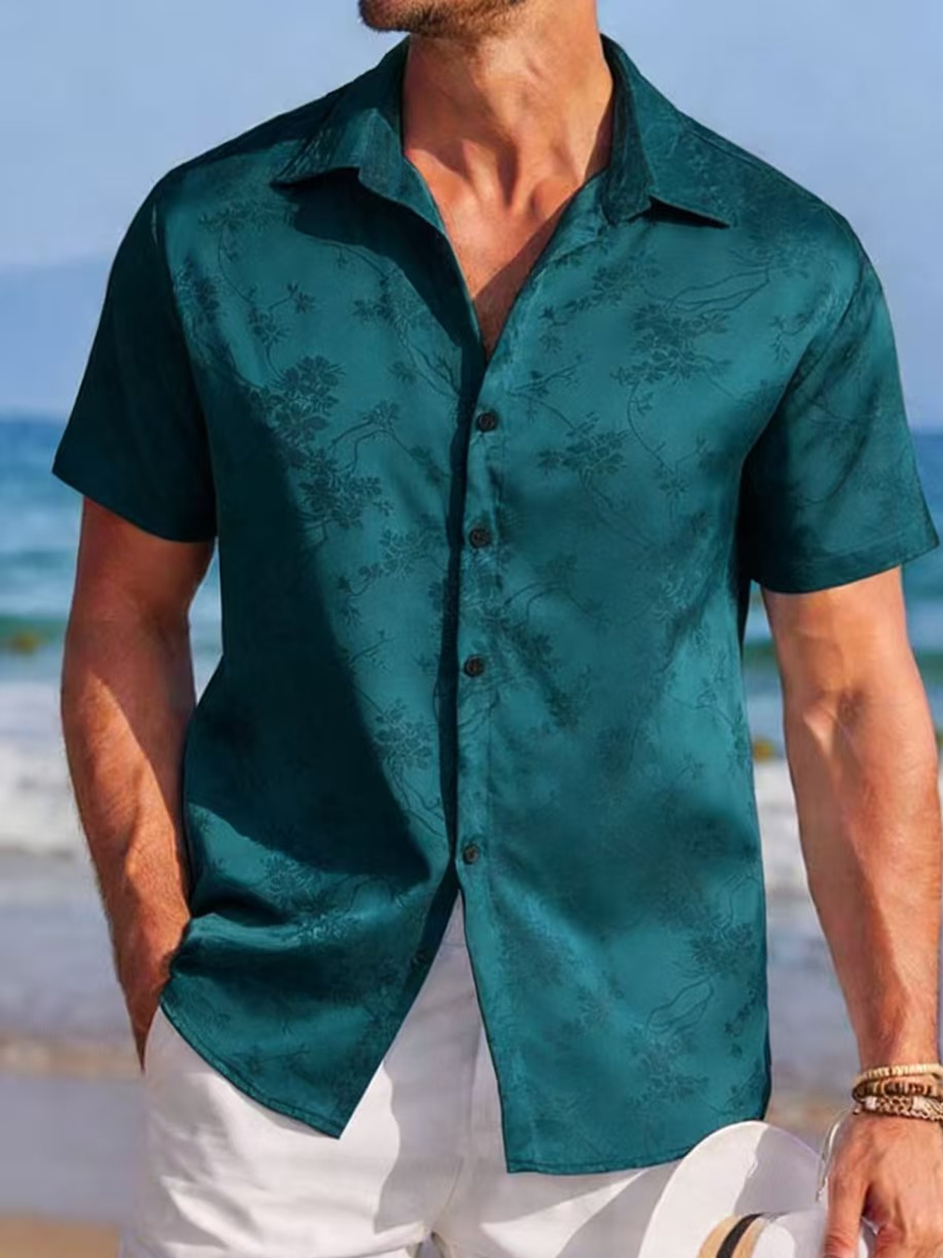 Chemise brodée pour homme, chemise à manches courtes, chemise décontractée d'été, chemise boutonnée pour la plage