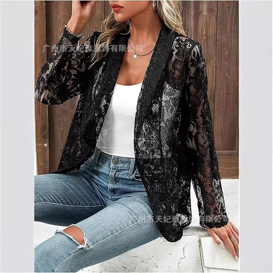 Nouvelle veste-cardigan élégante pour femme printemps/été, style petit tailleur, couleur unie, dentelle ajourée, manches longues, col à revers, chemise-veste Soat