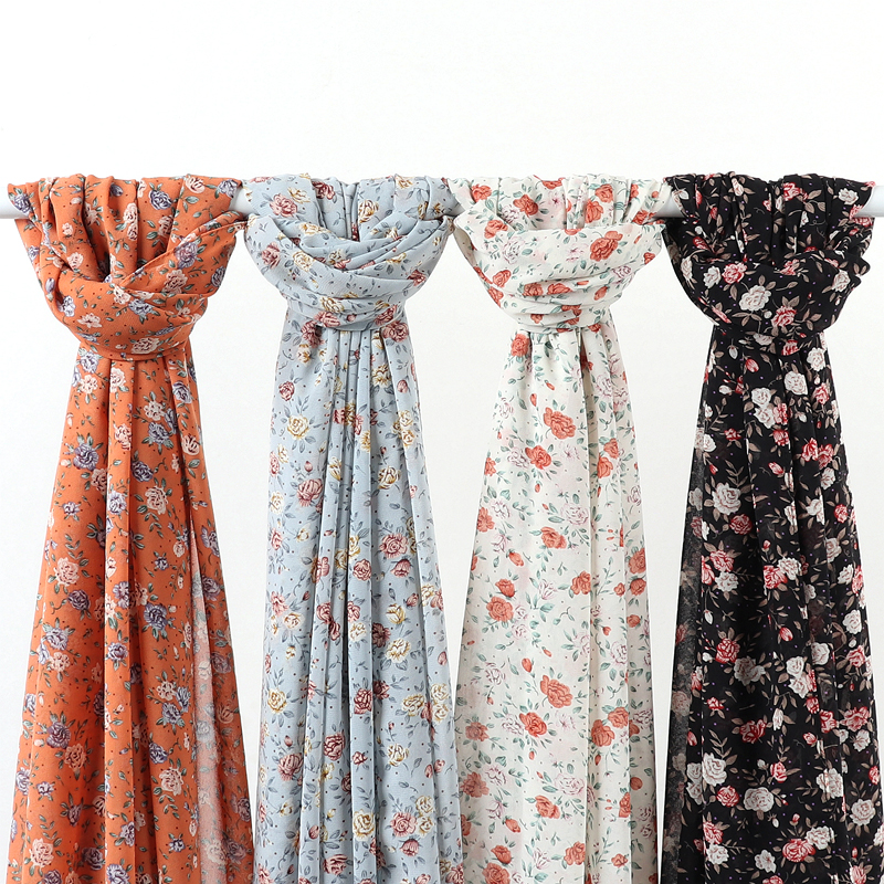 Écharpe en mousseline de soie à imprimé floral pour femmes, 70*180cm, douce, légère, longue, châle, hijab, foulard