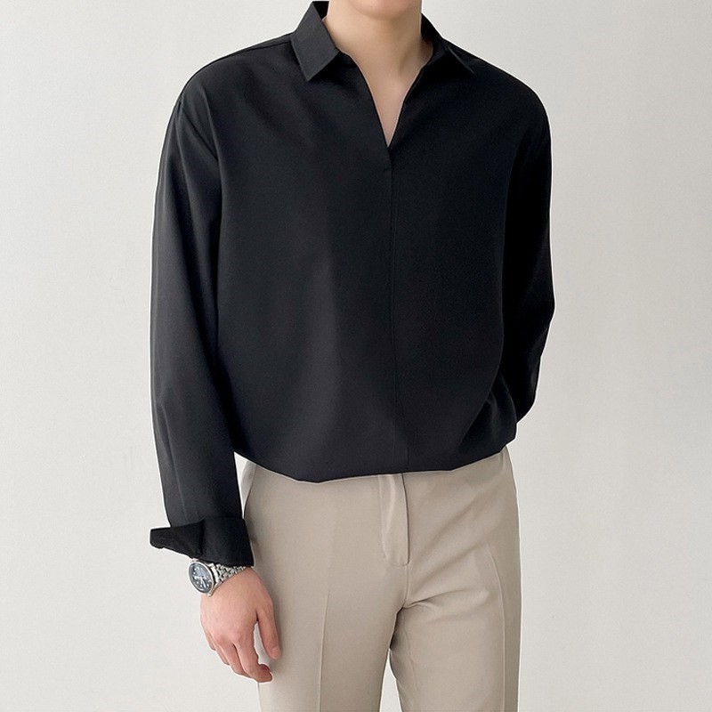 Nouveau coréen col en V hommes chemises de luxe décontracté Style tombant mince couleur unie à manches longues pull Blouse de haute qualité haut d'automne