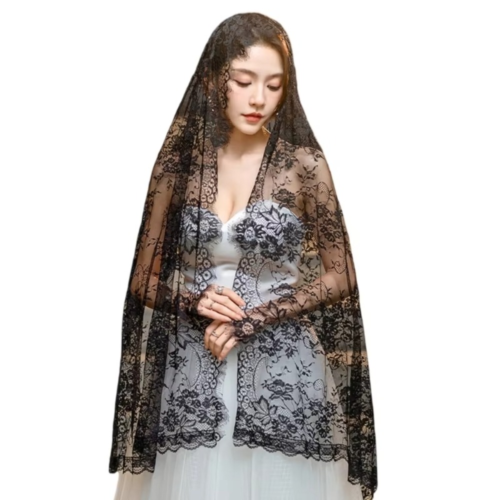 Châle en dentelle élégant pour femmes, longs voiles de mariage noirs, fleur, couvre-tête de mariée, mantille