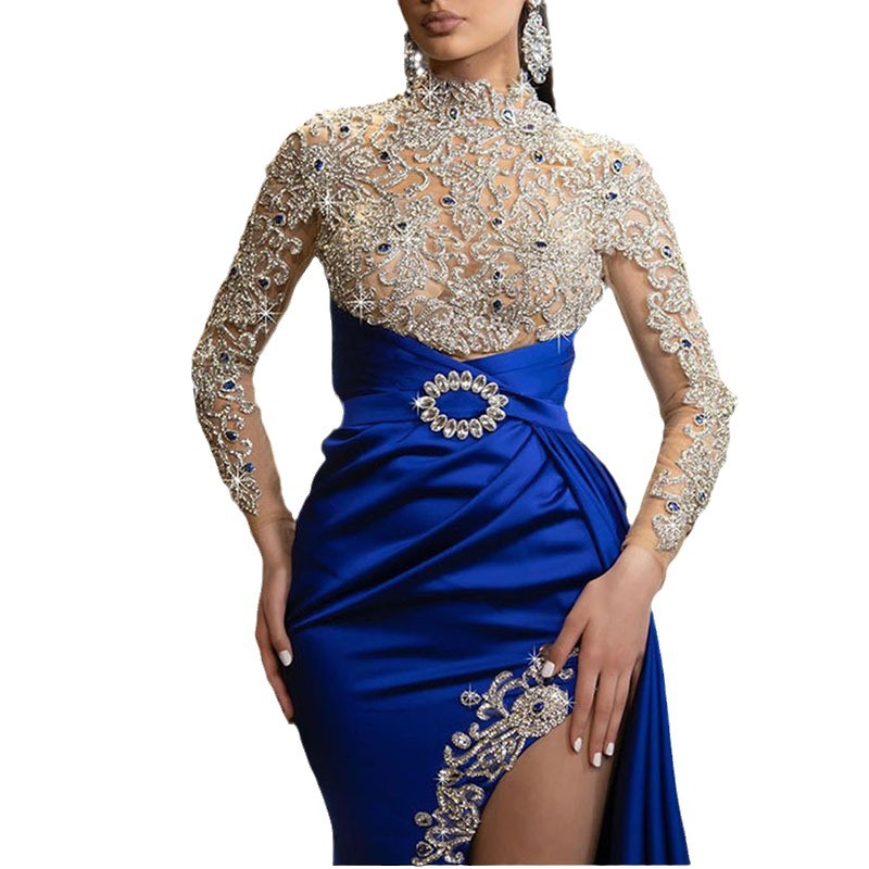 Robe longue épissée en dentelle bleue, Sexy, col rond, Style élégant, tissu Polyester, manches longues, robe mi-longue pour femmes