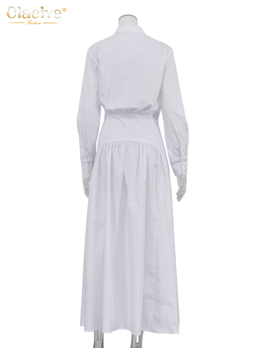 ClacMarkets-Robe décontractée en coton blanc pour femme, manches longues, longueur de rinçage, revers élégant, robe femme classique, mode adt, 2025