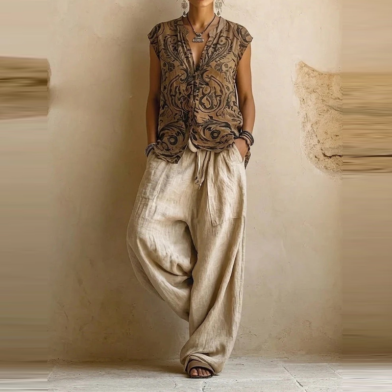 Ensemble 3 pièces pour femme en coton et lin, imprimé tendance, coupe ample, avec haut sans manches sexy à col en V, pantalon long et cardigan