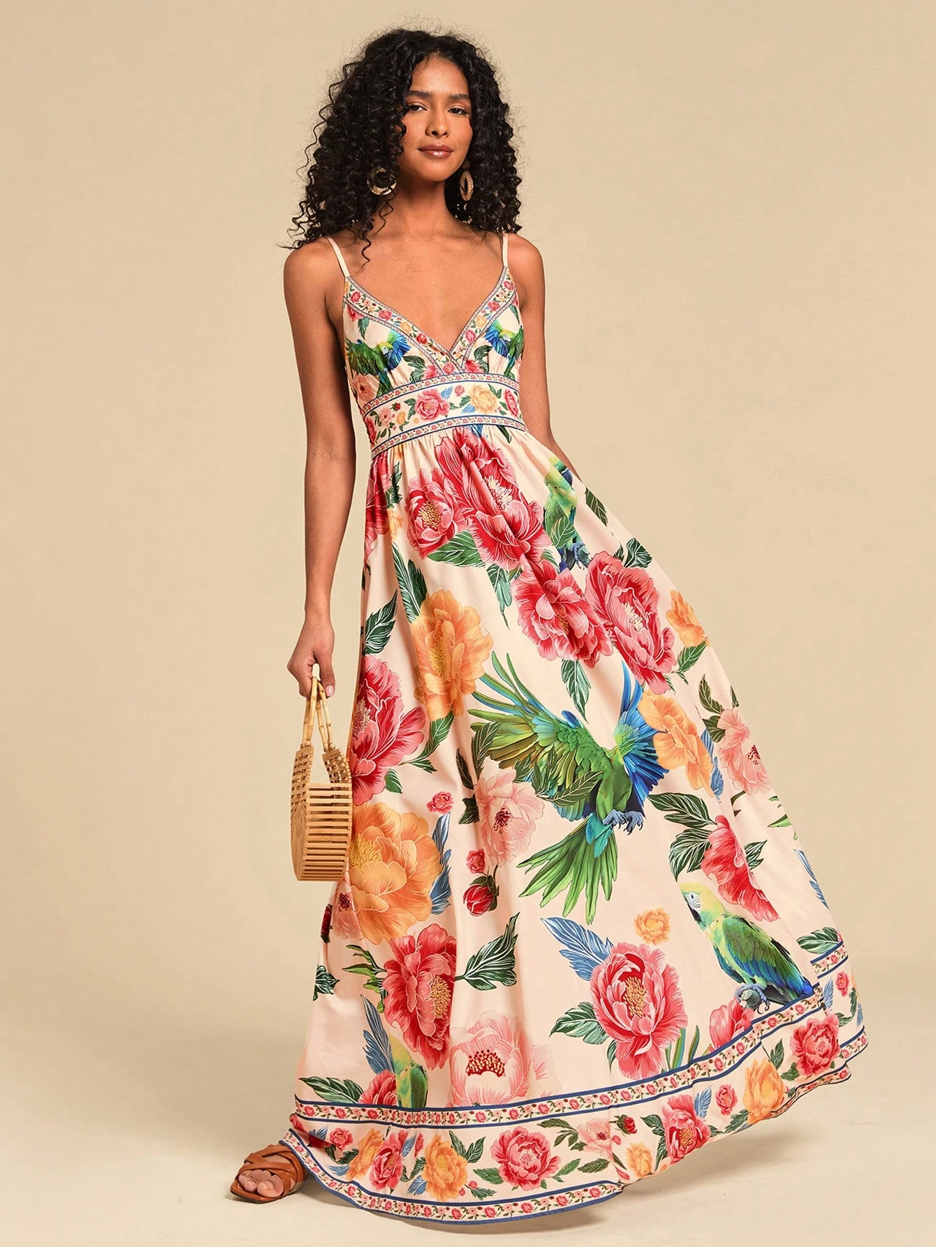 Robe longue élégante à imprimé bohème pour femmes, ceinture en V profond avec taille haute, idéale pour les vacances d'été à la plage.