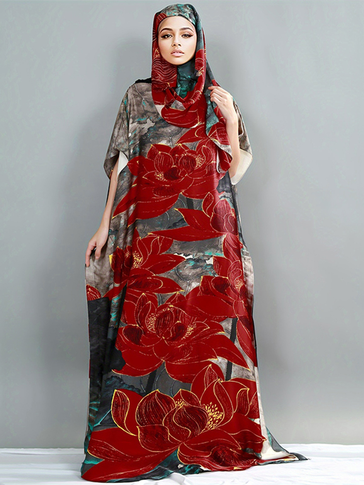 Abayas musulmanes pour femmes, en soie imprimée, douce, ample, élégante, Maxi, robes de soirée avec ceinture, Turban, nouvelle collection 2025
