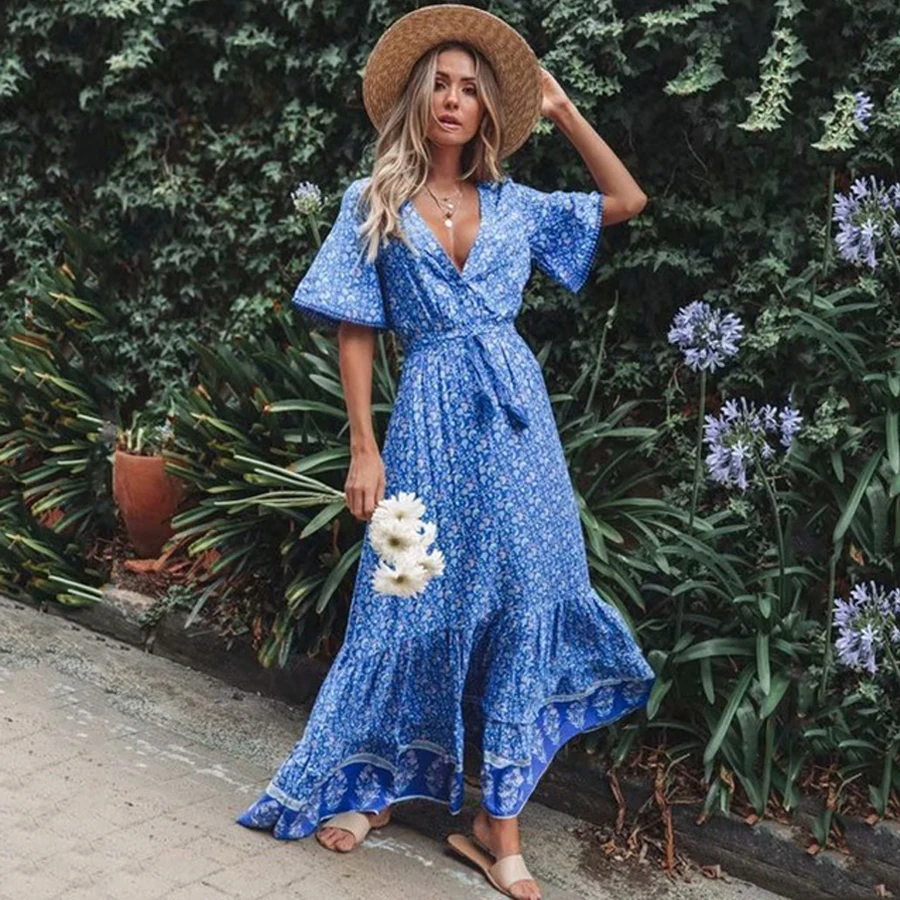 Robes Maxi en Coton Bleu Rayonne pour Femmes, Imprimé Floral, Sexy, V Profond, Boho, Été, Ample, Hiphélicoptère, Longue, Éducative