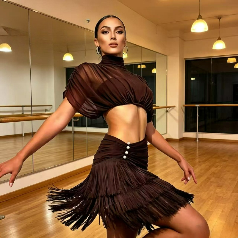 Robe de danse latine marron pour femmes, haut en maille, jupe à franges perlées, vêtements de danse pour compétition de Samba Jazz Cha Cha