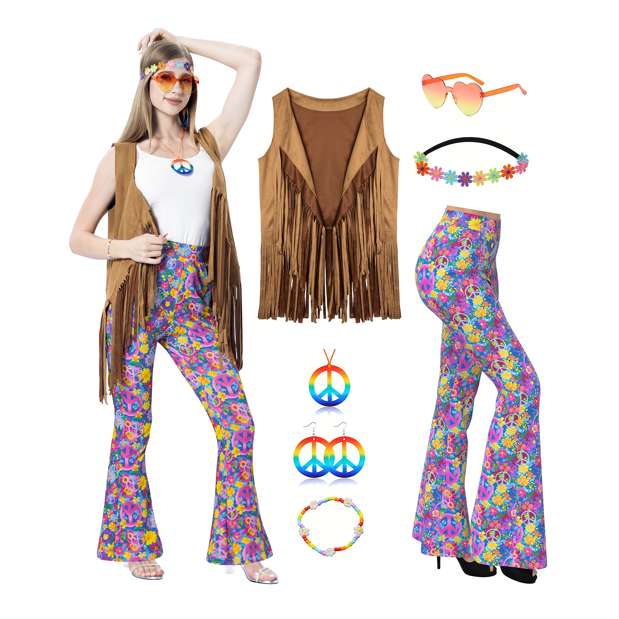 Tenues pour femmes des années 60 et 70, costume hippie rétro, gilet à franges avec signe de paix, ensemble de pantalons évasés pour fête d'Halloween