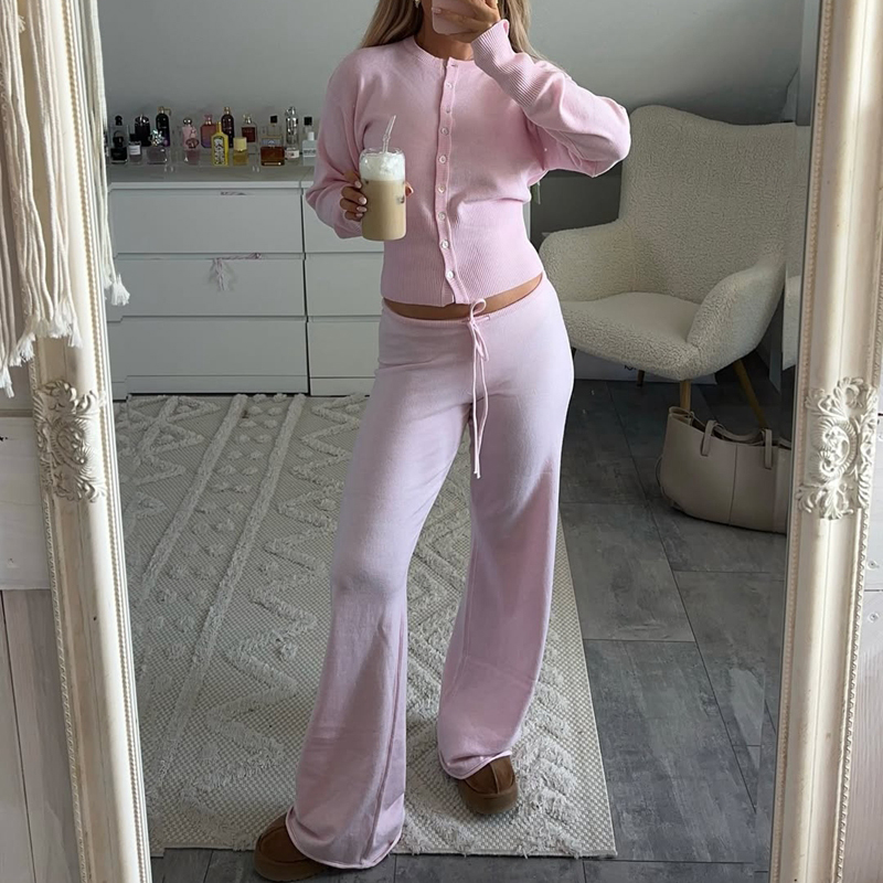 Ensemble 2 pièces pour femmes, vêtements de détente, pantalon, boutonné, manches longues, cardigan court, pull, taille basse, pantalon tricoté, tenues d'automne et d'hiver