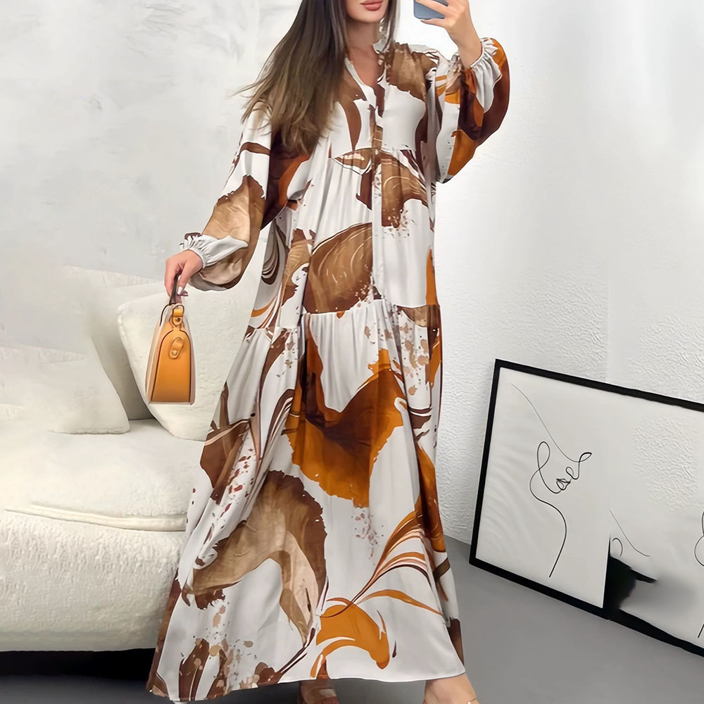 Robe longue élégante à imprimé Floral pour femmes, automne-hiver, manches longues, col en v, ample, Maxi, Robes décontractées, 2025