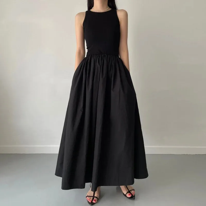 Robe Longue Noire Élégante et Simple pour Femme, Tenue à Col Rond, Taille Haute, Nouvelle Collection Été