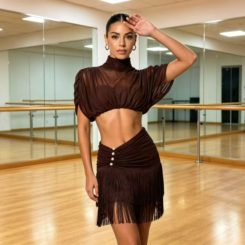 Robe de danse latine marron pour femmes, haut en maille, jupe à franges perlées, vêtements de danse pour compétition de Samba Jazz Cha Cha