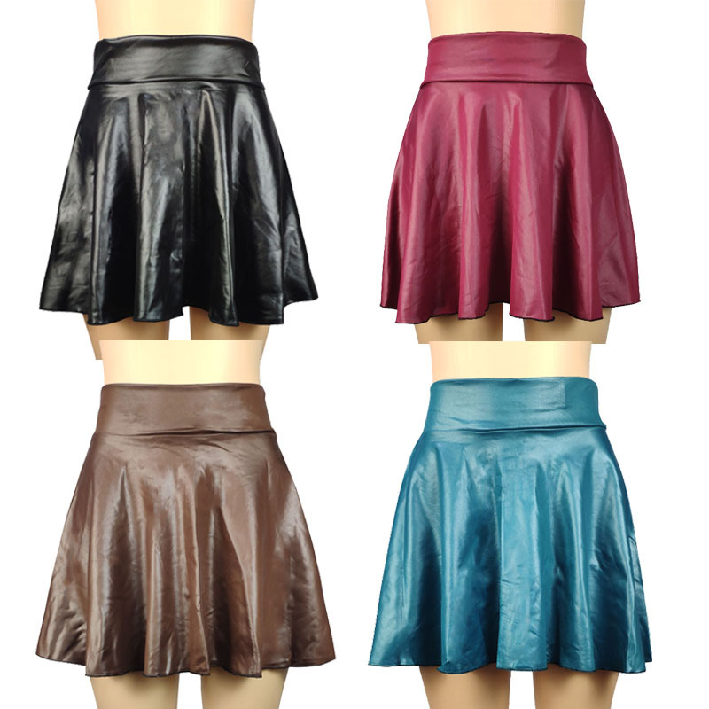 Demi-jupe texturée en Faux cuir taille haute pour femmes, jupe trapèze polyvalente et basique, jupe parapluie, Mini jupe Sexy et Slim