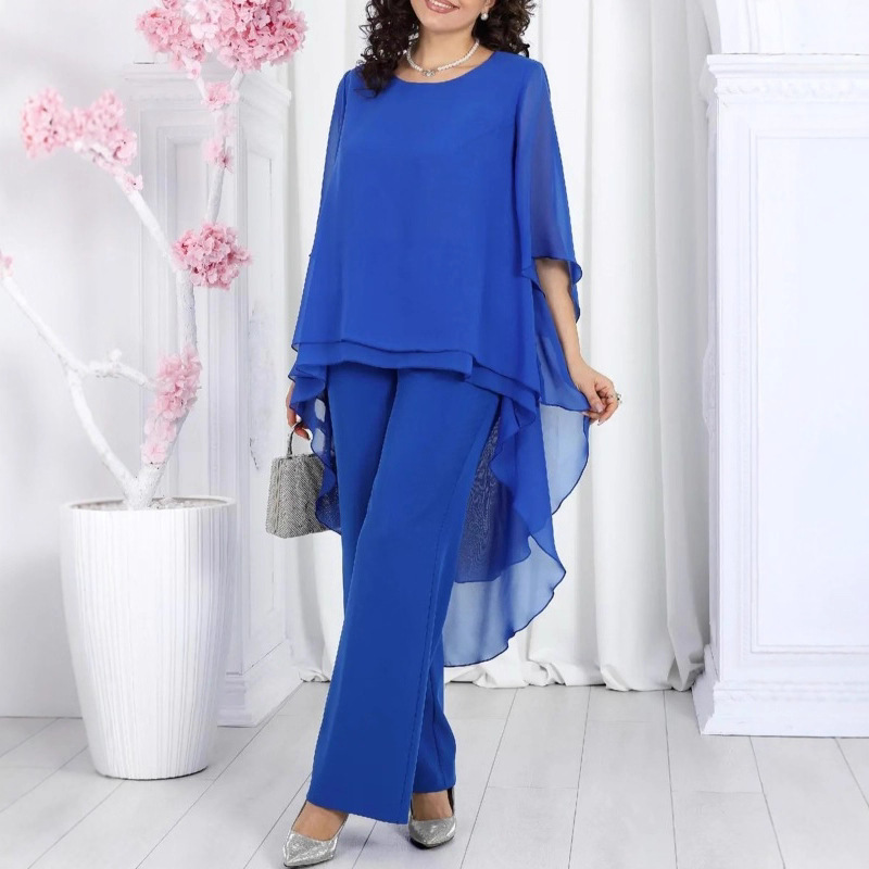 Ensemble haut en mousseline de soie pour femmes, ensemble 2 pièces, manches trois quarts, col rond, couleur unie, vêtements élégants