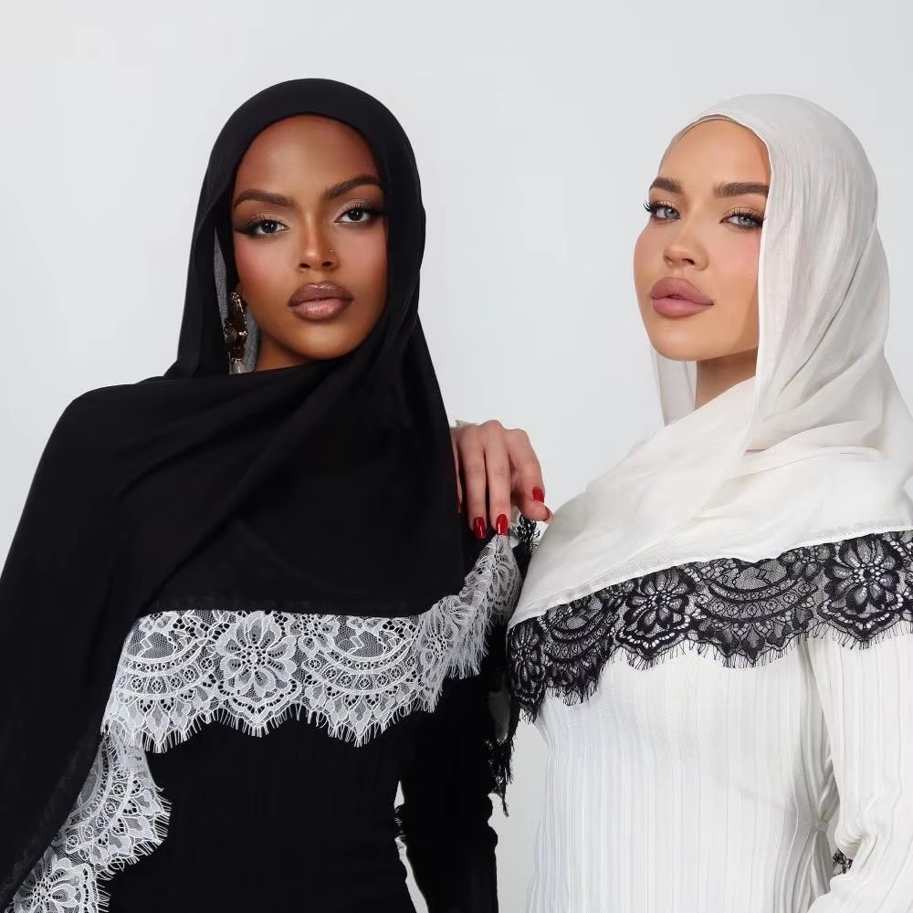 Hijab Ramadan en Rayonne, Coton et Modal, avec bordure en dentelle, Turban respirant, Châle uni en coton, Foulard pour femmes