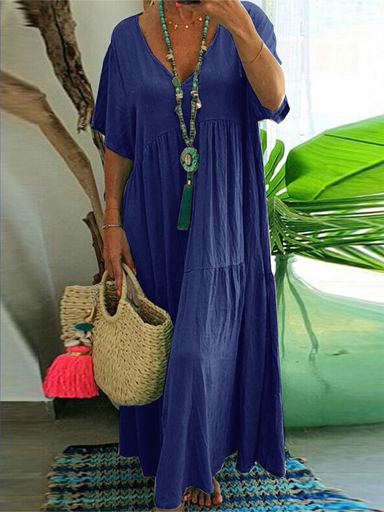 Robe longue décontractée pour femmes grandes tailles, coupe ample, col en V, couleur unie ; Robe plissée pour femmes grandes tailles printemps/été