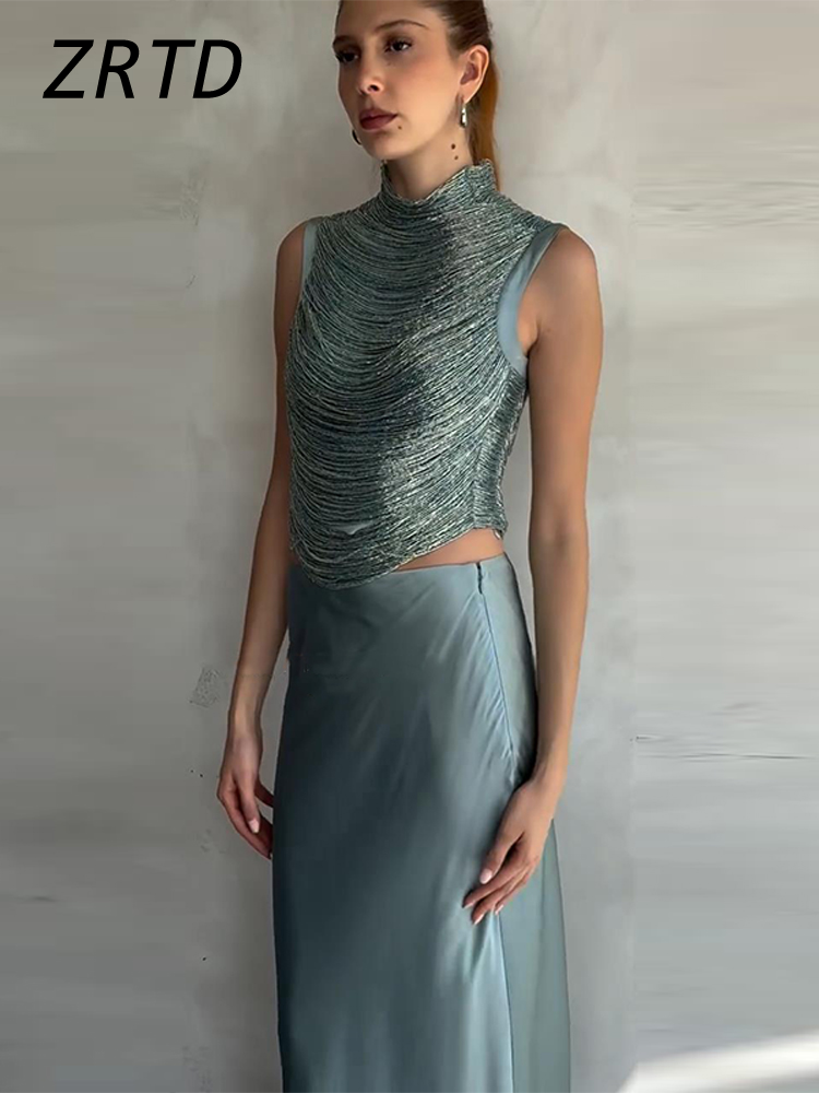 Hauts élégants à franges, jupes longues en satin, gilets sans manches à col montant pour femmes, jupes longues droites, ensembles de soirée pour femme Printemps 2026