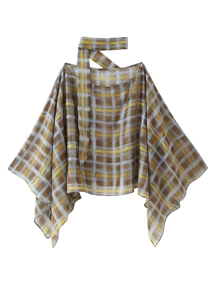 HH femmes décontracté ample mince cape manteaux chemise Plaid asymétrique Blouse avec écharpe 2026 tendance vacances d'été dame Chic hauts