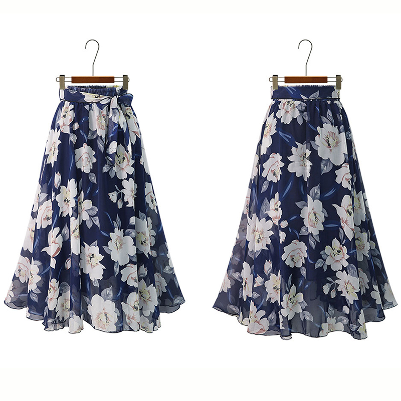 Grande taille imprimé Jupe florale femmes 2024 été ample élastique taille haute en mousseline de soie jupes mi-longues à lacets nœud L-5XL Swing Jupe Femme