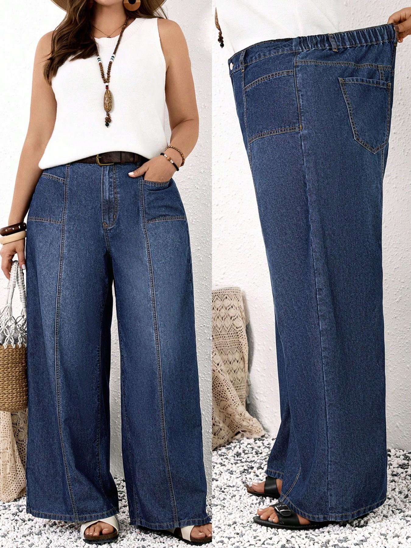 Jeans à jambes larges pour femmes, taille haute, design patchwork, coupe ample, denim confortable et élégant
