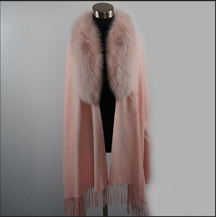 Écharpe de style long avec col en fourrure de renard véritable pour femme, châle moelleux, enveloppes d'hiver, 100% laine
