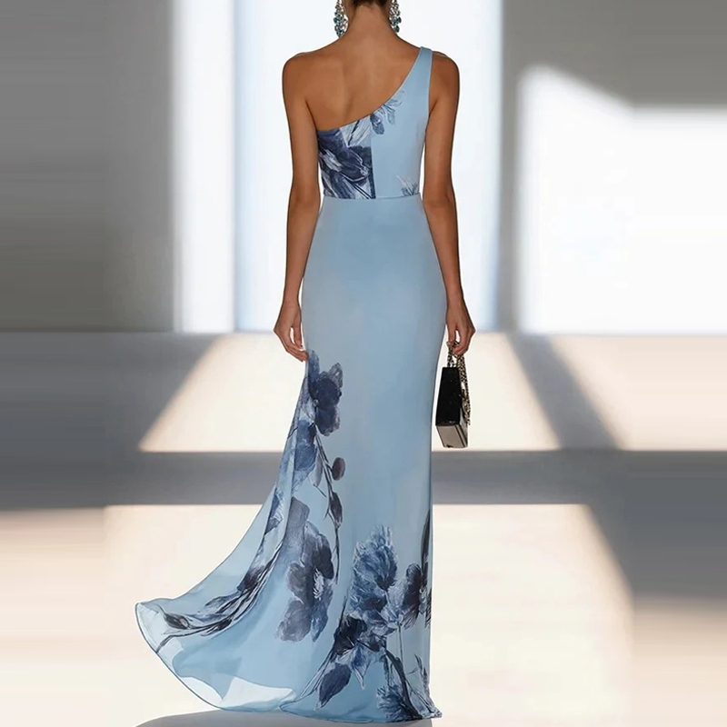 Robe de soirée élégante sans manches à découpes, taille haute plissée en mousseline, col bateau sexy, imprimé floral