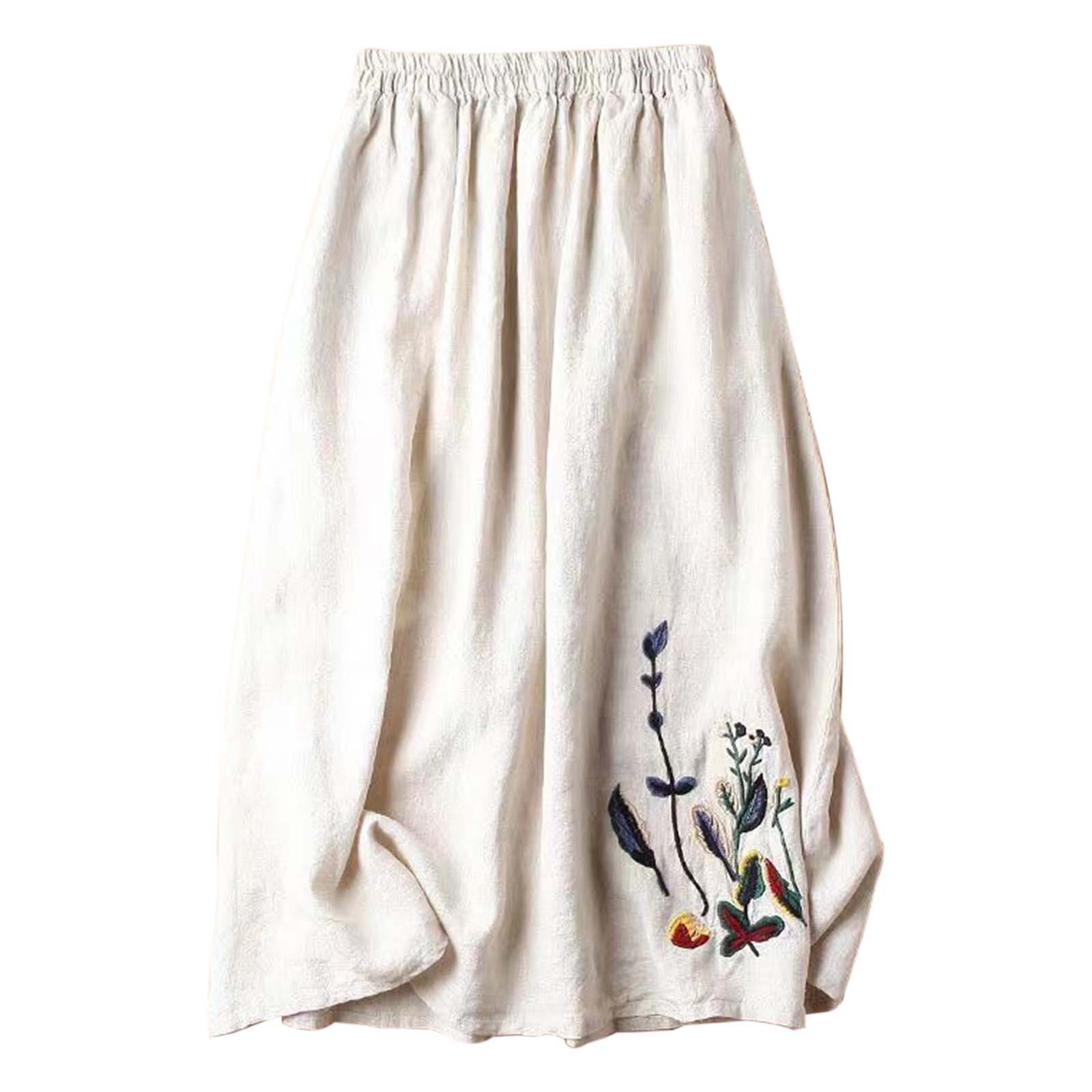Jupe mi-longue évasée vintage en coton et lin brodée de fleurs pour femme, coupe ajustée, style A-line, Roupas Feminina Alo VêTement Femme