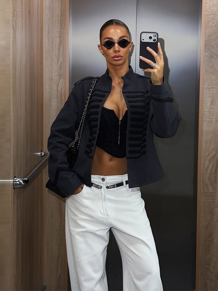 Manteau d'automne pour femme, veste Napoléon, blazer court à panneaux plissés, col montant, épaules rembourrées, tenue de bureau, vêtements pour femme