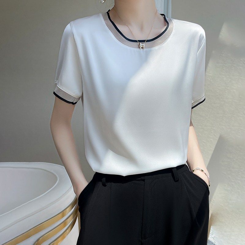 T-Shirt manches courtes col rond pour femme, décontracté et ample, couleur unie, avec dentelle sur le bas, été
