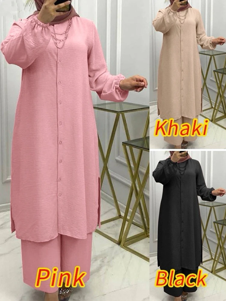 Eid Ensemble musulman femmes 2 pièces chemise Blouses pantalon à jambes larges Musulman Ensemble dubaï décontracté arabe Ramadan caftan 2024 tenue costumes
