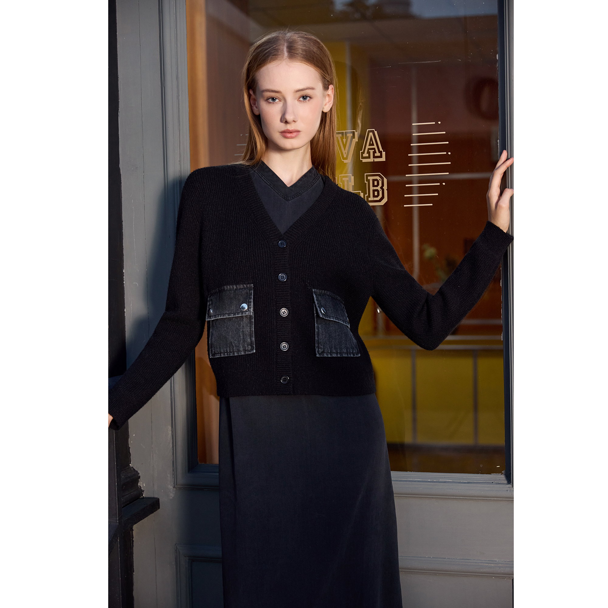 AP femmes 2026 automne et hiver Denim col en v robe tricot Cardigan col montant Modal chemise