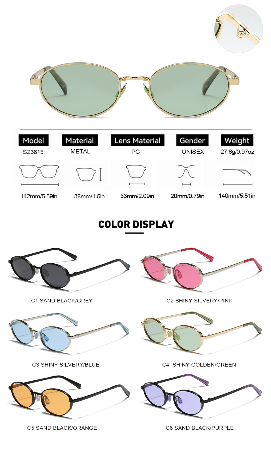 Lunettes de soleil ovales SEAMERGO Hip-hop pour femmes et hommes, charnières à ressort 3+2, résistantes aux UV, pour voyage et plage