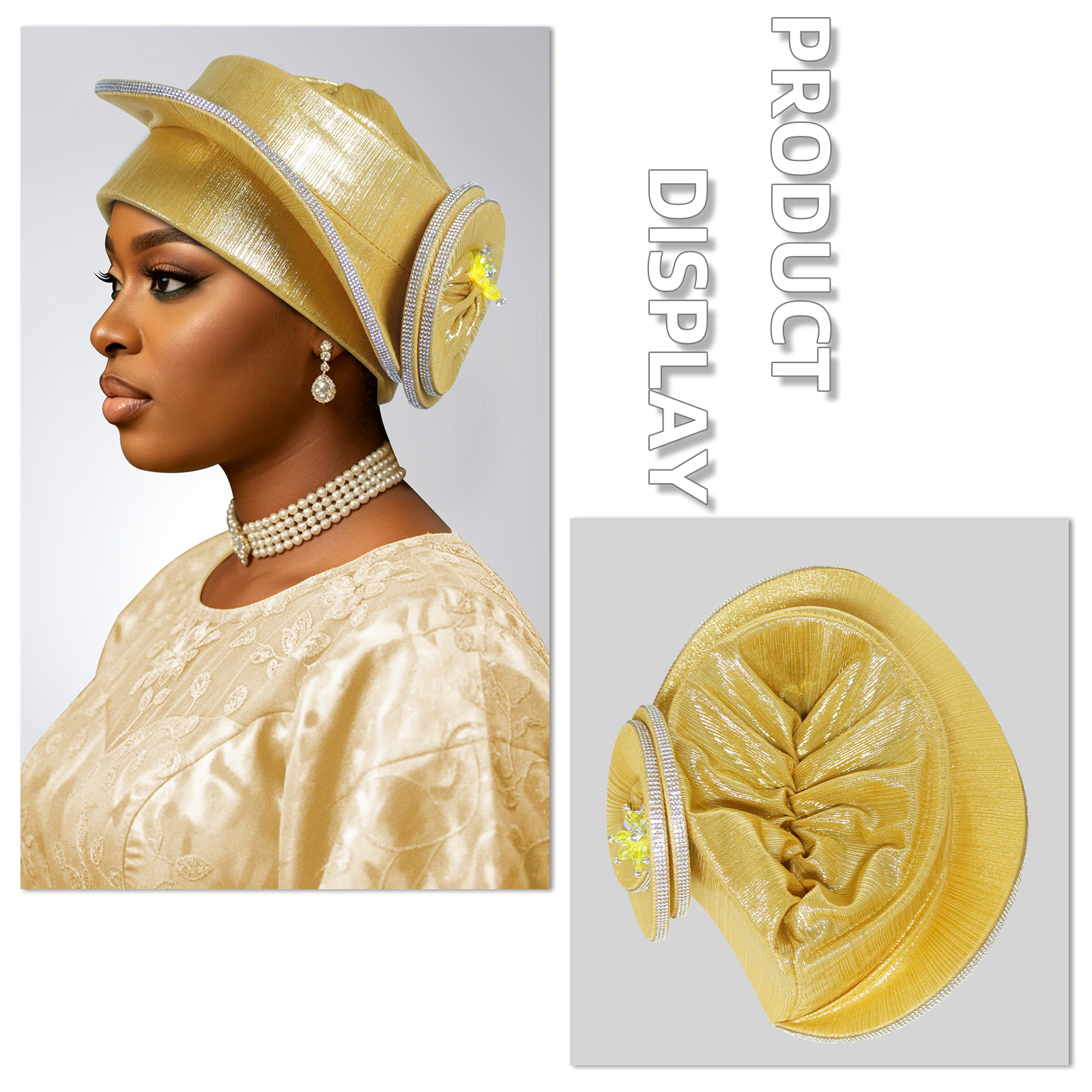 Turban Béret Spirale de Luxe en Strass pour Femme, Foulard Africain Auto-Gélé, Coiffe Nigériane pour Mariage et Fête
